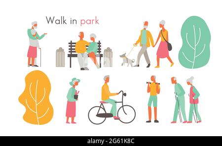 Old people in park vector illustration, cartoon flat elderly active characters walking, sitting on bench, doing sport exercises isolated on white Stock Vector