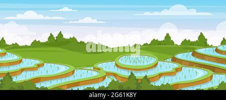 Rice field landscape vector illustration, cartoon flat rural farmland scenery with green paddy rice terraces with water, asian agriculture background Stock Vector