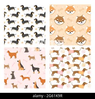 Dog pets seamless pattern vector illustrations, cartoon cute flat animal background set with black brown doggy or funny puppy face design for Stock Vector