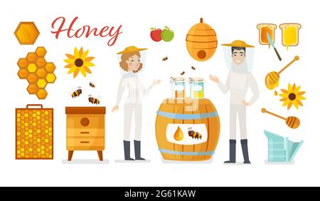 Beekeeping apiculture vector illustration icons set, cartoon flat beekeeper apiarist characters, honeycomb or honey jar, apiary farm isolated on white Stock Vector