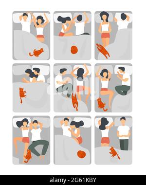 Sleep in bed at night vector illustration, cartoon man woman adult couple married people and cat pet sleeping together, flat bedroom top view set Stock Vector