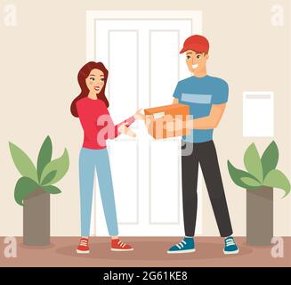Vector illustration of delivery concept. Woman getting package from courier. Young smiling cartoon characters in flat design. Delivery man in uniform Stock Vector