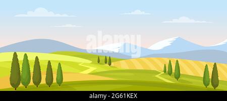 Rural landscape in summer vector illustration, cartoon flat countryside farmland scenery with green grass agricultural field, mountains and trees Stock Vector