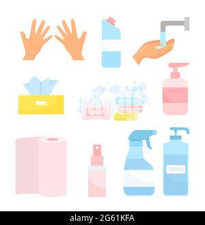 Wash hands vector illustration, cartoon flat hygiene icon set with soap cleanser, spray sanitizer in bottle, disinfect cleansing gel isolated on white Stock Vector