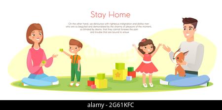 Vector illustration happy family stay together at home. Family time. Mother and father playing with kids and having fun together, web template in Stock Vector