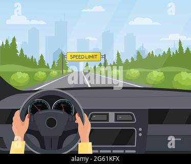 Driving car safety concept vector illustration, cartoon flat human driver hands drive automobile on asphalt road with speed limit, safe sign on Stock Vector