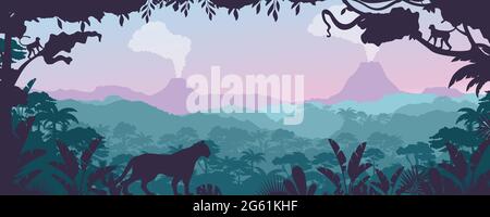 Tropical jungle, forest landscape vector illustration, cartoon flat nature of tropics, panorama with jaguar and monkey animal in rainforest background Stock Vector