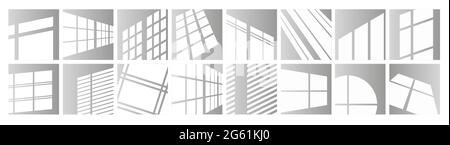 Window light vector illustration set, sunlight reflection of window frames of square, round shape or in perspective mockup design background Stock Vector