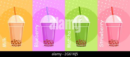 Bubble tea vector illustration set, cartoon flat asian cold green matcha tea, sweet milk cocktail, berry milkshake in cafe menu background Stock Vector