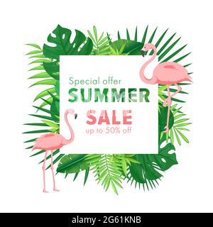 Summer sale vector illustration. Cartoon flat banner with jungle palm tree tropical leaf and flamingo. Discount design background, special offers Stock Vector