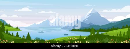 Mountain lake landscape vector illustration, cartoon flat panorama of spring summer beautiful nature, green grasslands meadow with flowers background Stock Vector