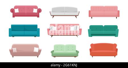 Sofa vector illustration set, cartoon flat design of furniture couch seats, modern cozy armchair in different color, furnished living room interior Stock Vector