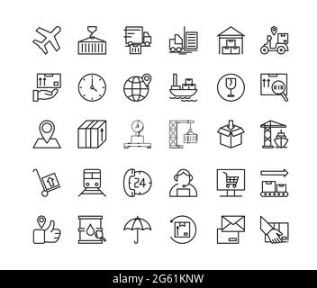 Transportation technology vector illustration, flat thin line icon set of ship, truck or plane transport symbols, pictograms with modern delivery Stock Vector
