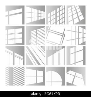 Window lights vector illustration set, sunlight or shadow overlay effect of window frames on room wall, ceiling or floor, photorealistic mockup design Stock Vector