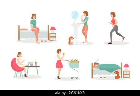 Woman day routine flat vector illustrations set. Morning procedures, daily activity and evening. Hygiene and sports, work and shopping, night rest Stock Vector