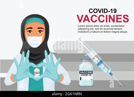 A muslim woman doctor in a mask and hijab shows her heart with her hands and holds a vaccine against coronavirus. Suitable banner, flyer. Vaccination Stock Vector