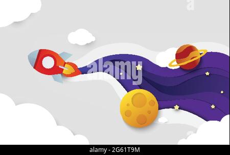 Space rocket flying in space with moon and stars on background print vector illustration Stock Vector