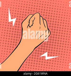 Female threatening hand fist on a color background. Protest or threat gesture. Cartoon vector illustration hand drawn pop art Stock Vector