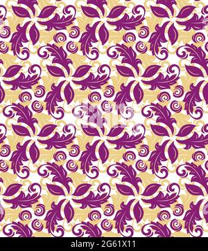 Colored vector ornament. Seamless abstract classic background with purple and golden leaves. Pattern with repeating floral elements. Ornament for fabric, wallpaper and packaging Stock Vector