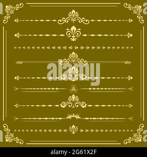 Vintage set of vector golden elements. Horizontal separators in the frame. Collection of different ornaments. Classic golden patterns. Set of vintage patterns Stock Vector