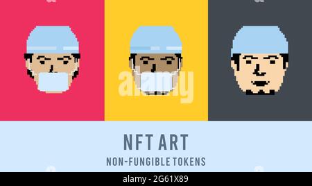 Doctors and nurse face icons with face masks. NFT-style pixel art. Healthcare and medical personnel, vector icons. Stock Vector