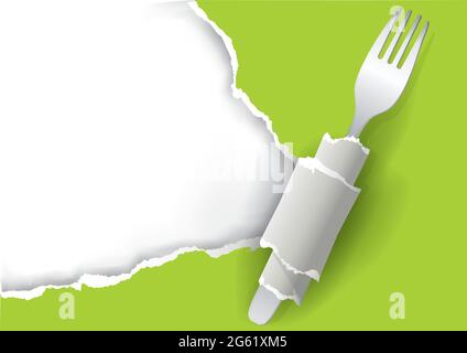 Vegetarian restaurant Menu background, ripped paper. Illustration of green torn paper with fork. Place for our text or image. Vector available. Stock Vector