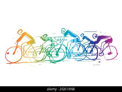 Cycling race, line art stylized cartoon. Expressive colorful simple illustration of group road cyclists. Rainbow colored. Vector available Stock Vector