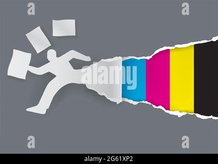 Fast printing,cmyk paper concept. Paper man silhouette with flying documents ripping paper with CMYK colors. Vector available. Stock Vector