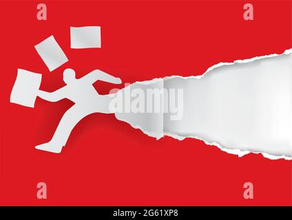 Businessman running in a hurry with papers.  Paper man silhouette with flying documents ripping red paper with place for your text or image. Stock Vector