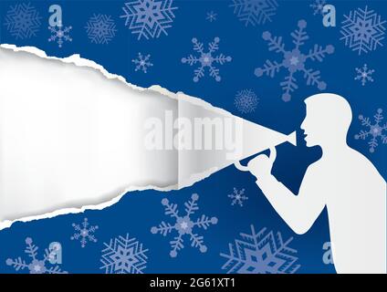 Man with megaphone tearing paper, Christmas banner template. Paper male stylized silhouette, blue paper background with snowflakes. Vector available. Stock Vector