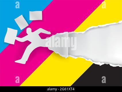 Fast printing,cmyk paper concept. Paper man silhouette with flying documents ripping paper with CMYK colors. Vector available. Stock Vector