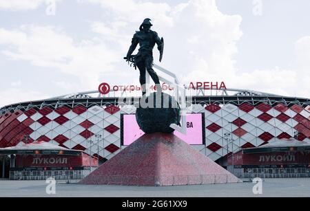 June 14, 2021, Moscow, Russia. A sculpture of a gladiator at the Spartak stadium - Otkrytie Arena in Moscow. Stock Photo