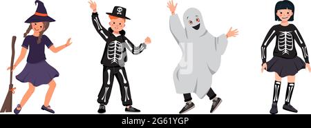 Girls and boys in costumes of a witch with a broomstick, a skeleton with bones and a skull, and ghosts dance at Halloween Stock Vector