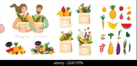 Vegan and vegetarian food set. Happy people with packages of raw vegetables and fresh fruits bundle. The psychology of proper nutrition and eco lifsty Stock Vector