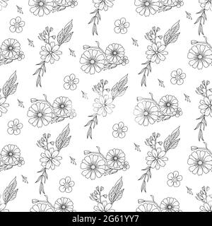 Outline doodle flowers in black and white for adult coloring books, monocrome floral pattern. Vector sketch illustration, hand drawn style. Stock Vector