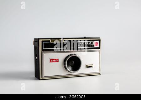 Woodbridge Suffolk UK June 29 2021: A classic Kodak Instamatic 104 camera isolated against a white background Stock Photo