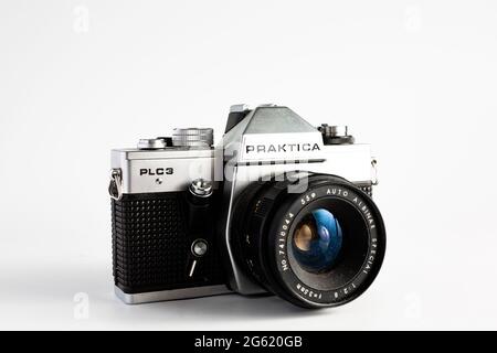 Woodbridge Suffolk UK June 29 2021: A classic Praktica PLC3 film camera isolated against a white background Stock Photo