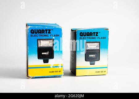 Woodbridge Suffolk UK June 29 2021: Classic Quartz flash units for 35mm film cameras in there original boxes Stock Photo
