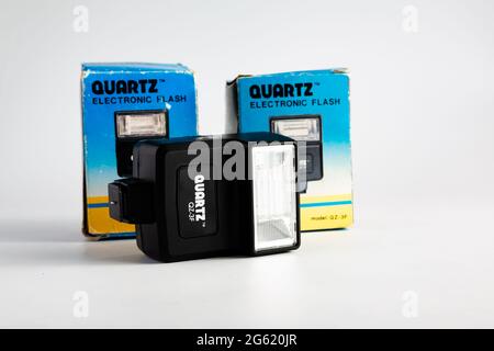 Woodbridge Suffolk UK June 29 2021: Classic Quartz flash units for 35mm film cameras in there original boxes Stock Photo