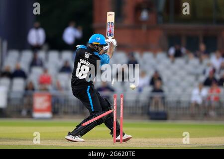 Ish Sodhi of Worcestershire Rapids is clean bowled by Saqib Mahmood of Lancashire Lightning for 14 runs Stock Photo