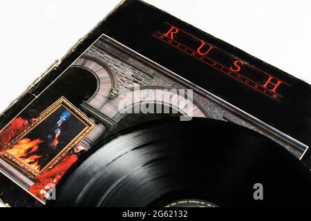 Progressive Canadian Rock band, RUSH music album on vinyl record LP disc. Titled: Moving Pictures album cover Stock Photo