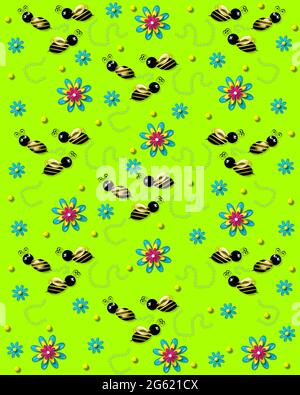 3D bumble bees flit from one 3D flower to another leaving a trail of pearls. Background is lime green. Stock Photo