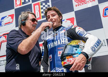 Birmingham Alabama,Barber Motorsports Park Honda Superbike Classic,race racing motorcycle rider driver winner stage speaking Yamaha team, Stock Photo