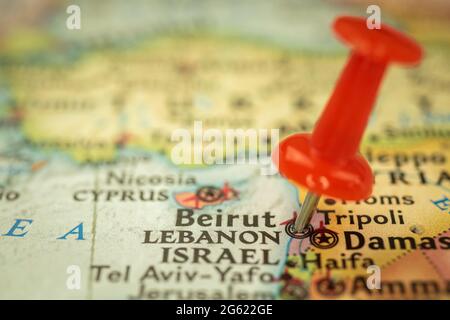 Location Lebanon and Beirut, travel map with push pin point marker closeup, Asia journey concept Stock Photo