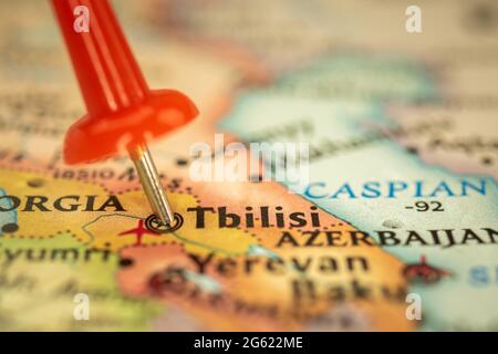 Location Tbilisi in Georgia, travel map with push pin point marker closeup Stock Photo