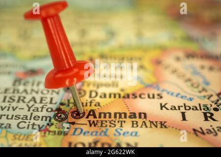 Location Amman in Jordan, travel map with push pin point marker closeup, Asia journey concept Stock Photo