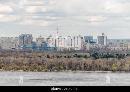 Kiev, Ukraine - April 27, 2021: Landscape view of city with houses in Kyiv, Ukraine. Stock Photo