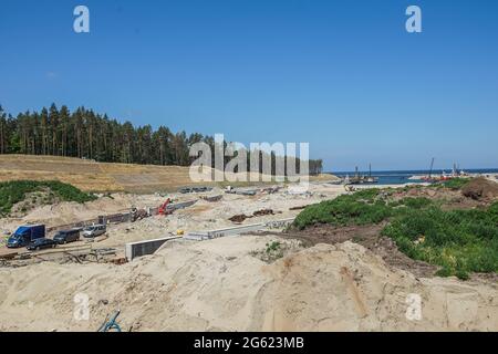 Nowy Swiat, Poland 1st, June 2021 The construction site of a waterway connecting the Vistula Lagoon with the Gulf of Gdansk (Przekop Mierzei Wislanej) is seen in Nowy Swiat, Vistula Spit, Poland on 1 July 2021 Controversial The Vistula Spit canal is curently under construction canal across the Polish section of the Vistula Spit that will create a second connection between the Vistula Lagoon and Gdansk Bay (Baltic Sea) Credit: Vadim Pacajev/Alamy Live News Stock Photo