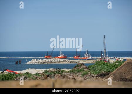 Nowy Swiat, Poland 1st, June 2021 The construction site of a waterway connecting the Vistula Lagoon with the Gulf of Gdansk (Przekop Mierzei Wislanej) is seen in Nowy Swiat, Vistula Spit, Poland on 1 July 2021 Controversial The Vistula Spit canal is curently under construction canal across the Polish section of the Vistula Spit that will create a second connection between the Vistula Lagoon and Gdansk Bay (Baltic Sea) Credit: Vadim Pacajev/Alamy Live News Stock Photo