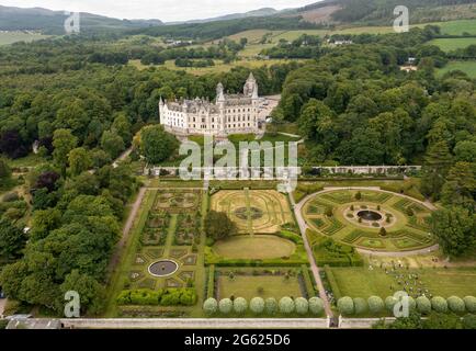 Aerial view of Dunrobin Castle, Golspie, Sutherland, Scotland, Home of the Earls and Dukes of Sutherland. Stock Photo
